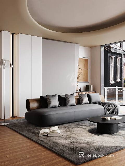 Modern Living Room Decorative Ornaments Set With Gray Sofa Cushions Floor Lamp And Coffee Table 3d model 