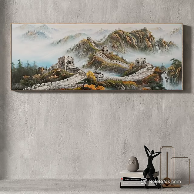 Landscape Painting of Great Wall Featuring Mountains Clouds Trees and Waterfall 3d model 