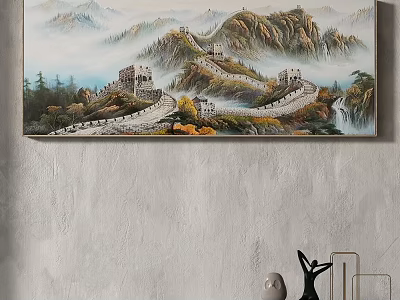 Landscape Painting of Great Wall Featuring Mountains Clouds Trees and Waterfall 3d model