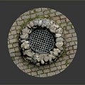 Outdoor Circular Stone Built Fire Pit With Metal Grid And Brick Paved Floor