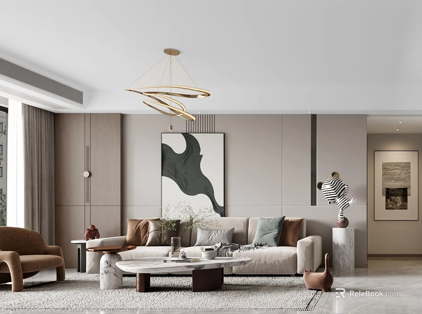 Modern Living Dining Room Interior With Beige Sofa Brown Armchair Marble Coffee Table And Chandelier 3d model 
