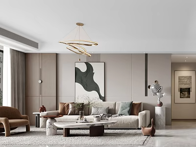 Modern Living Dining Room Interior With Beige Sofa Brown Armchair Marble Coffee Table And Chandelier 3d model