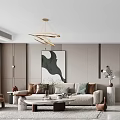 Modern Living Dining Room Interior With Beige Sofa Brown Armchair Marble Coffee Table And Chandelier