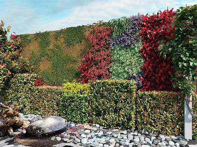 Vibrant Living Plant Wall With Red Green Foliage And Stone Border Design 3d model