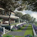 Tranquil Garden Landscape With Trees Purple Flowers Lawn Stone Path And Sculptures