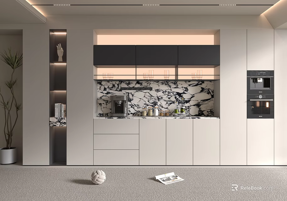 Modern Wine Cabinet Design With Marble Backsplash Glass Doors And LED Lighting 3d model 