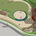 Outdoor Children's Play Area With Green Plants Pathways And Wooden Benches