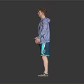 Man Standing Against Gray Background With Blue Shirt Open White T-Shirt Blue Shorts Gray Sneakers