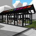 Villa Balcony With Colorful Glass Roof Black Frame Outdoor Seating Pink Cherry Trees And Lawn