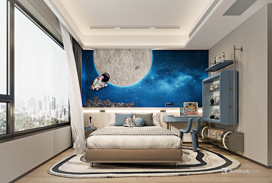 Starry Theme Kids Room Interior With Astronaut Decor Study Desk And City View Window 3d model 