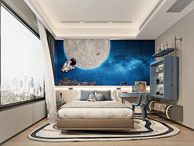 Starry Theme Kids Room Interior With Astronaut Decor Study Desk And City View Window 3d model