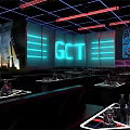 Modern Bar Interior With Neon Lights Bar Counter Seating Area And Lighting Decor