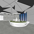 Modern Lobby Reception Desk With White Striped Walls Geometric Ceiling And Black Lounge Seats