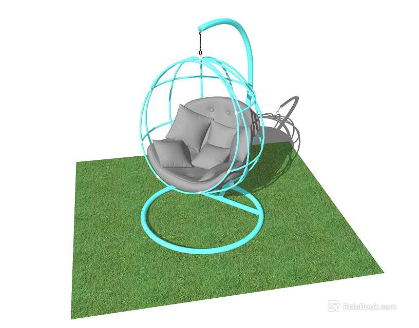 Spherical Light Blue Hanging Chair with Gray Cushions on Green Grass 3d model 