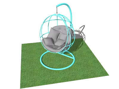 Spherical Light Blue Hanging Chair with Gray Cushions on Green Grass 3d model