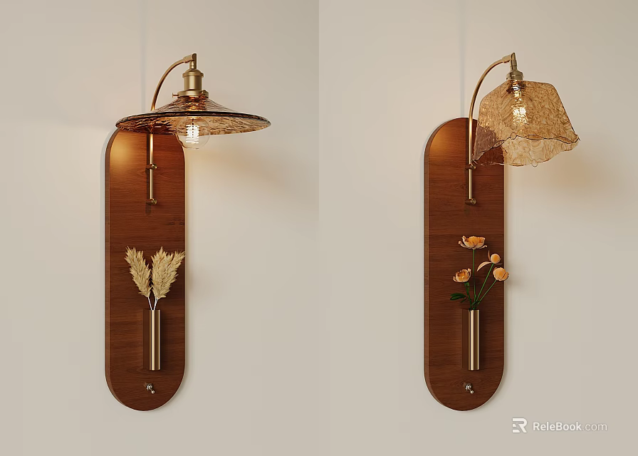 Elegant Wall Lamp Design With Wooden Backboard Wheat Decor And Flower Accent Brass Bracket 3d model 