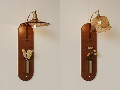 Elegant Wall Lamp Design With Wooden Backboard Wheat Decor And Flower Accent Brass Bracket 3d model