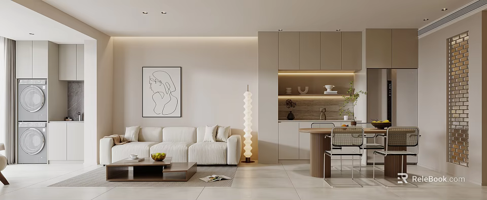 Modern Living Dining Room Interior With White Sofa Abstract Art Dining Table And Cabinets 3d model 