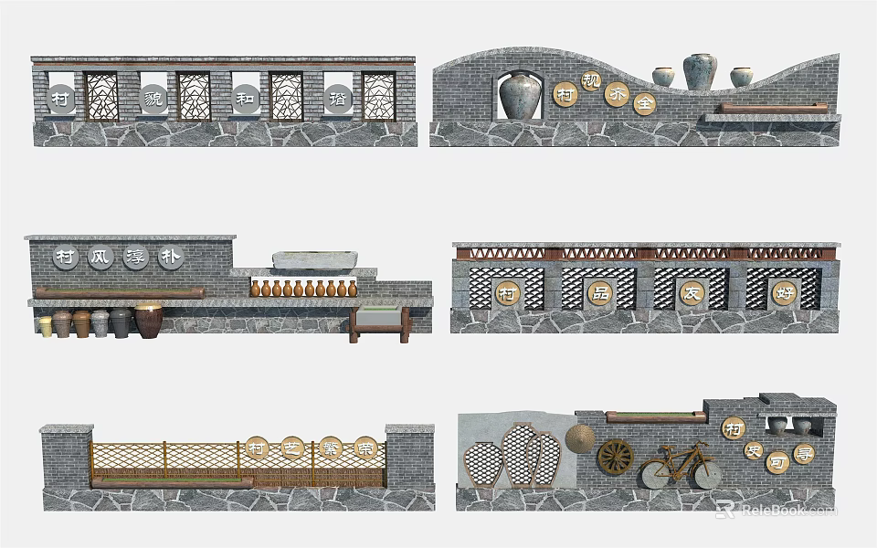 Stone Feature Wall Design With Decorative Urns Circular Ornaments And Lattice 3d model