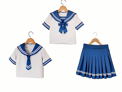 Blue And White Sailor Clothes With Bow Ties Striped Trim Pleated Skirt Hanging On Hangers 3d model