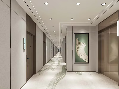 Hotel Corridor Modern Elegant with Patterned Carpet Recessed Lighting Sleek Walls Fan Artwork 3d model