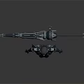 Standing Armored Character In Black Futuristic Armor With Spear Weapon
