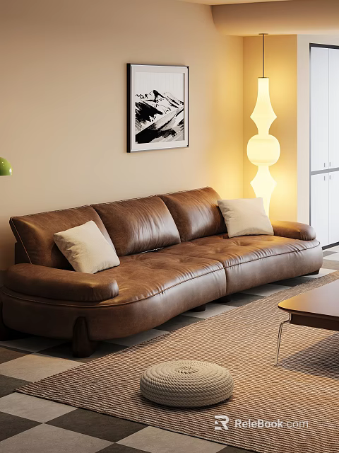 Brown Leather Double Sofa With Light Colored Cushions Floor Lamp And Wall Painting 3d model 