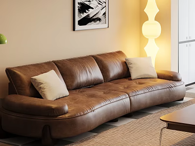 Brown Leather Double Sofa With Light Colored Cushions Floor Lamp And Wall Painting 3d model
