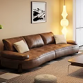Brown Leather Double Sofa With Light Colored Cushions Floor Lamp And Wall Painting