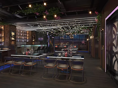 Stylish Bar Interior With Hanging Lights Wooden Tables And Green Decor 3d model