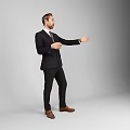 Businessman in Black Suit Gesturing with Extended Hand and Hand on Chest Against Gray Background