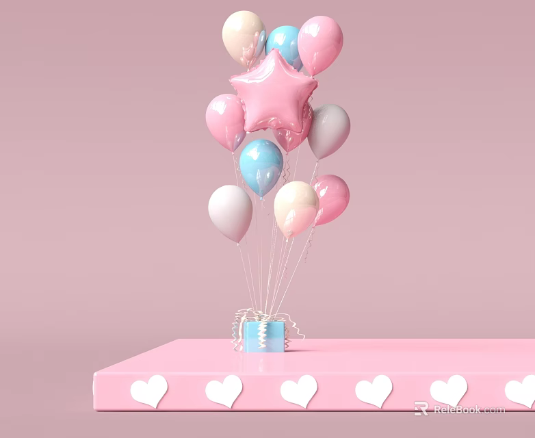 Commercial Display Equipment Pink Stand With Heart Decorations Blue Gift Box And Star Balloons 3d model 