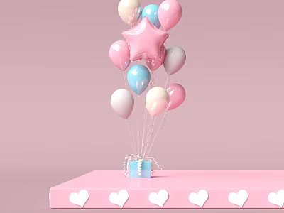 Commercial Display Equipment Pink Stand With Heart Decorations Blue Gift Box And Star Balloons 3d model