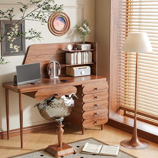 Walnut Wooden Desk with Laptop Headphones Radio and Bookshelf Clock Plant near Window Blinds 3d model 