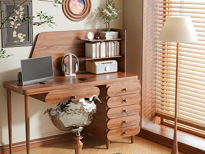 Walnut Wooden Desk with Laptop Headphones Radio and Bookshelf Clock Plant near Window Blinds 3d model