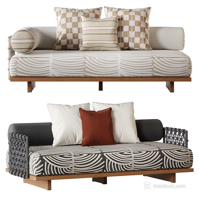 Modern Comfortable Double Seater Sofa With Printed Upholstery And Various Stylish Soft Decorative Throw Pillows 3d model 