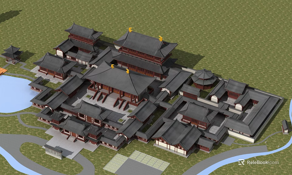 Ancient Chinese Architectural Complex With Traditional Tiered Roofs And Courtyard Layout 3d model 