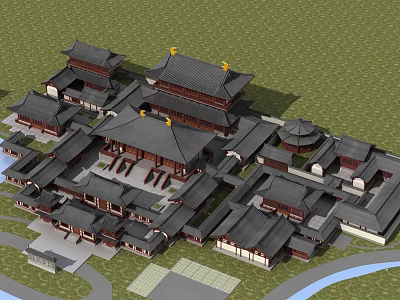Ancient Chinese Architectural Complex With Traditional Tiered Roofs And Courtyard Layout 3d model