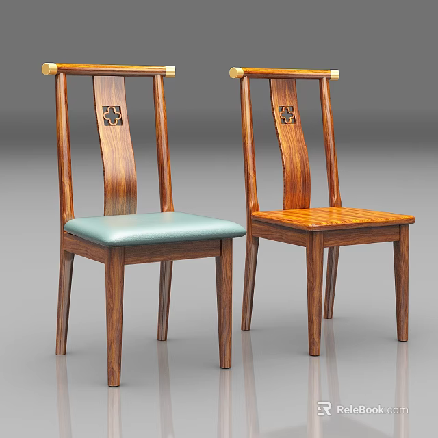 Classic Wooden Dining Chairs With Carved Backrest Golden Accents And Light Blue Cushion 3d model 