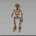 Orange And Blue Mechanical Robot With Circular Chest Jointed Limbs Standing On Reflective Surface 3d model
