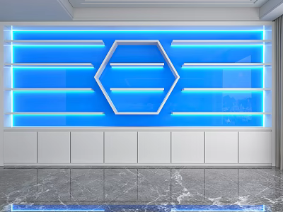 Modern Display Shelves With Blue Lighting Geometric Hexagon Design White Cabinets And Marble Floor 3d model