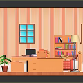 Cartoon Room Scene with Pink Striped Walls Blue Framed Windows Desk Computer Bed Pink Rug