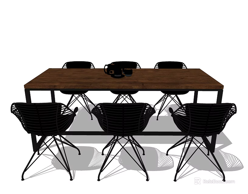 Modern Wooden Rectangular Dining Table Set With Six Black Openwork Chairs 3d model 