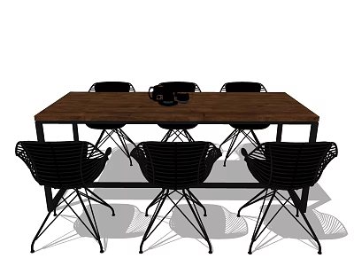 Modern Wooden Rectangular Dining Table Set With Six Black Openwork Chairs 3d model