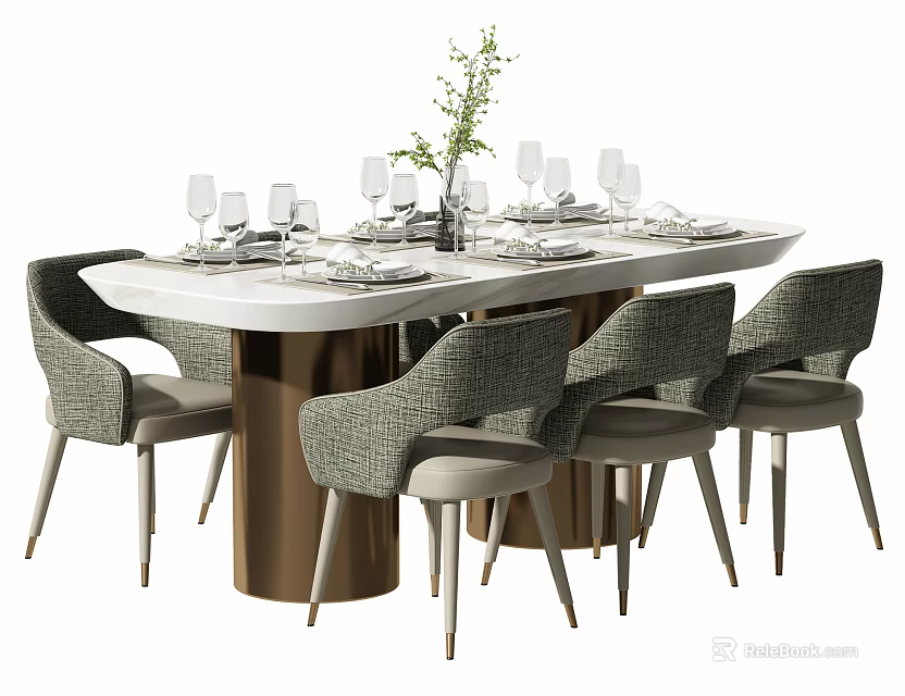 Modern Dining Table Set with White Tabletop Golden Base and Grey Woven Chairs 3d model 