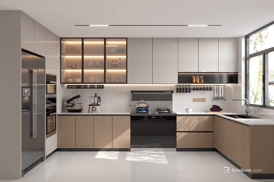 Modern Kitchen Interior Design With Light Colored Cabinets Appliances And Built In Lighting 3d model 