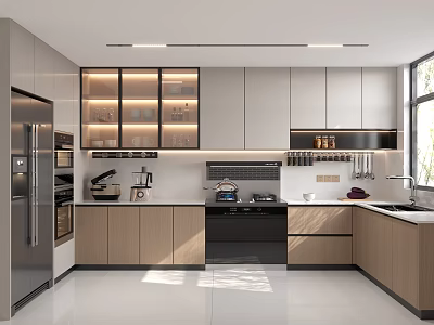 Modern Kitchen Interior Design With Light Colored Cabinets Appliances And Built In Lighting 3d model