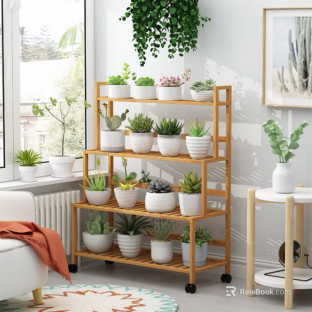 Indoor Garden Decor With Multi Layer Bamboo Plant Stand White Pots And Potted Succulents 3d model 