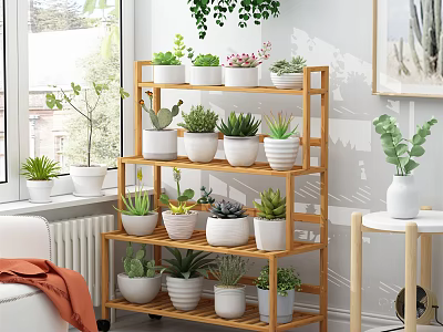 Indoor Garden Decor With Multi Layer Bamboo Plant Stand White Pots And Potted Succulents 3d model