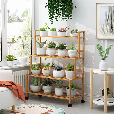 Indoor Garden Decor With Multi Layer Bamboo Plant Stand White Pots And Potted Succulents 3d model